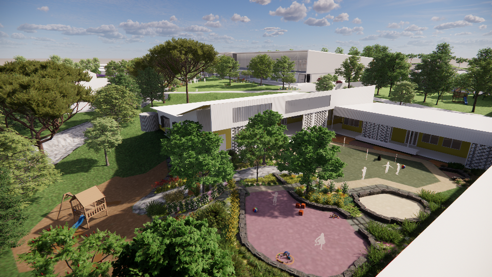 An artist's impression of the school: buildings, surrounded by greenery and play areas